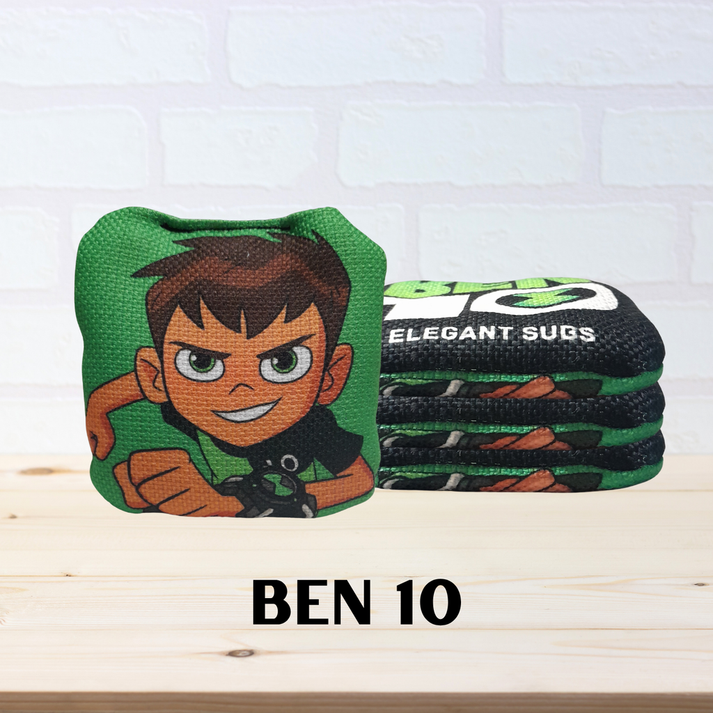 Mini cornhole bags front image with Ben 10 theme on a light-colored background.