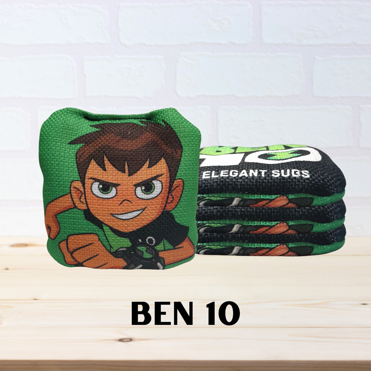 Mini cornhole bags front image with Ben 10 theme on a light-colored background.