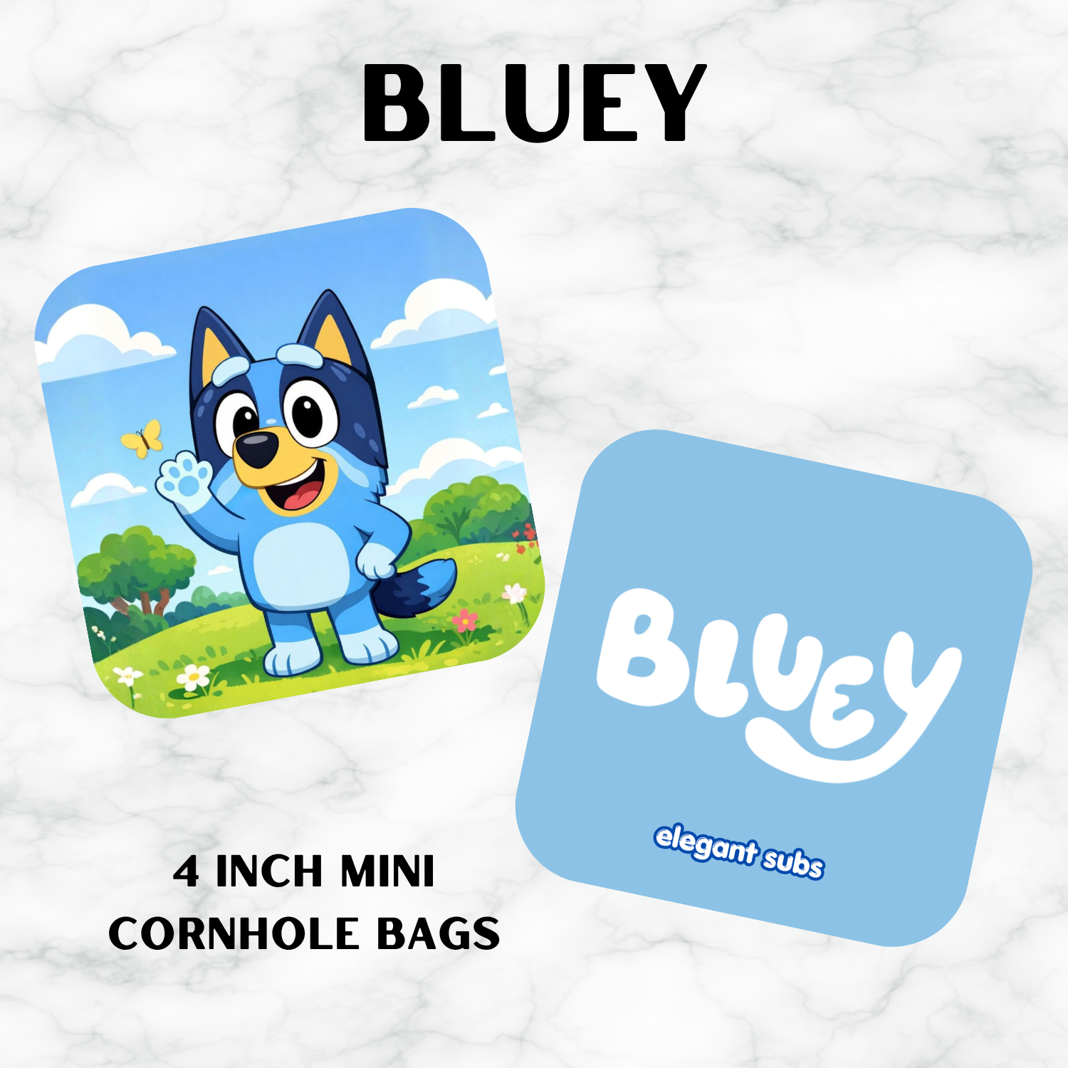 Two mini cornhole bags with a Bluey character on a white background.