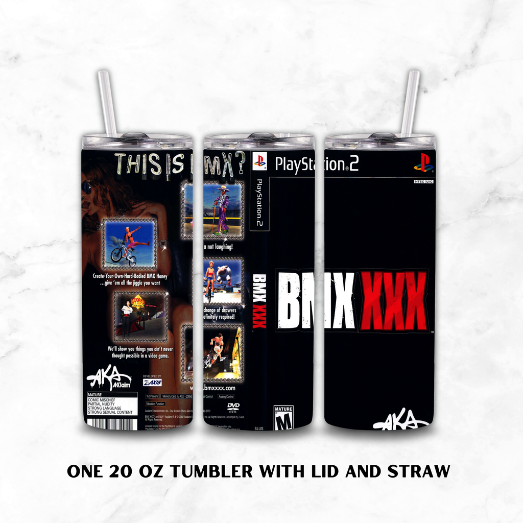 Three views of a 20 oz tumbler with lid and straw, featuring a custom PlayStation 2 themed 'BMX XXX' skin design on a white marble background.