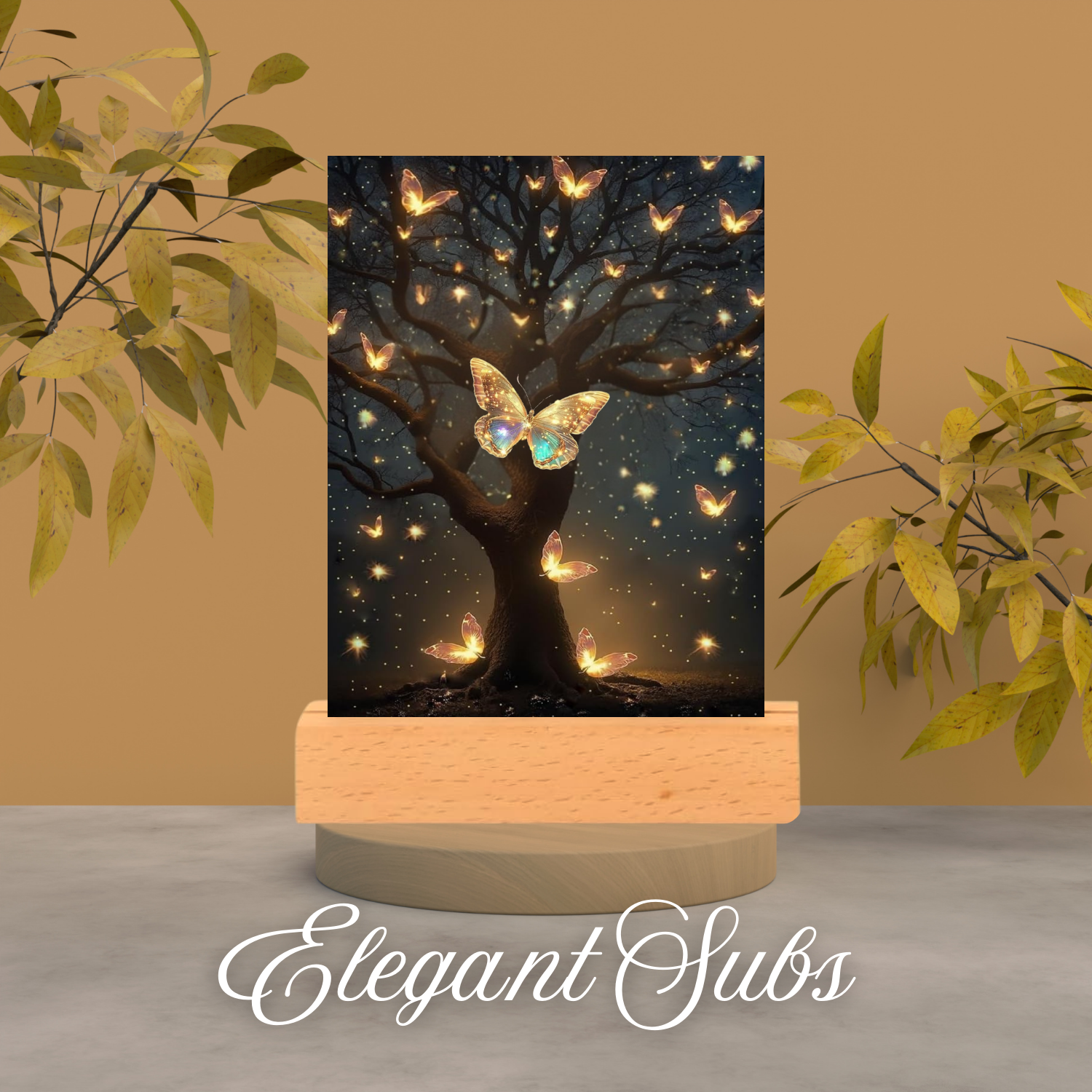 Decorative night light with butterfly design on a wooden stand against a beige wall with plants.