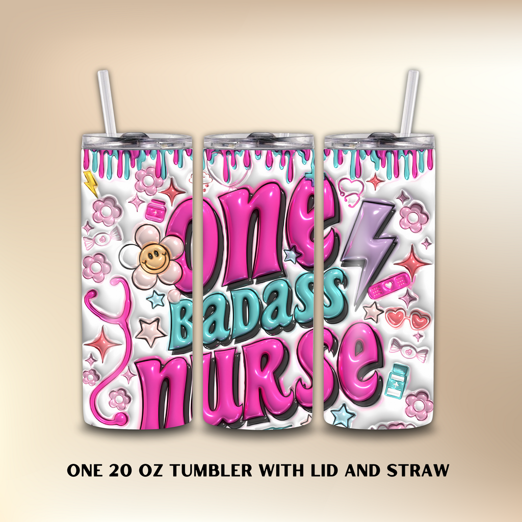 Three 20 oz tumblers with 'One Badass Nurse' design on a beige background