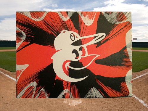 Baltimore Orioles Spin Art canvas wall art with a baseball field background.