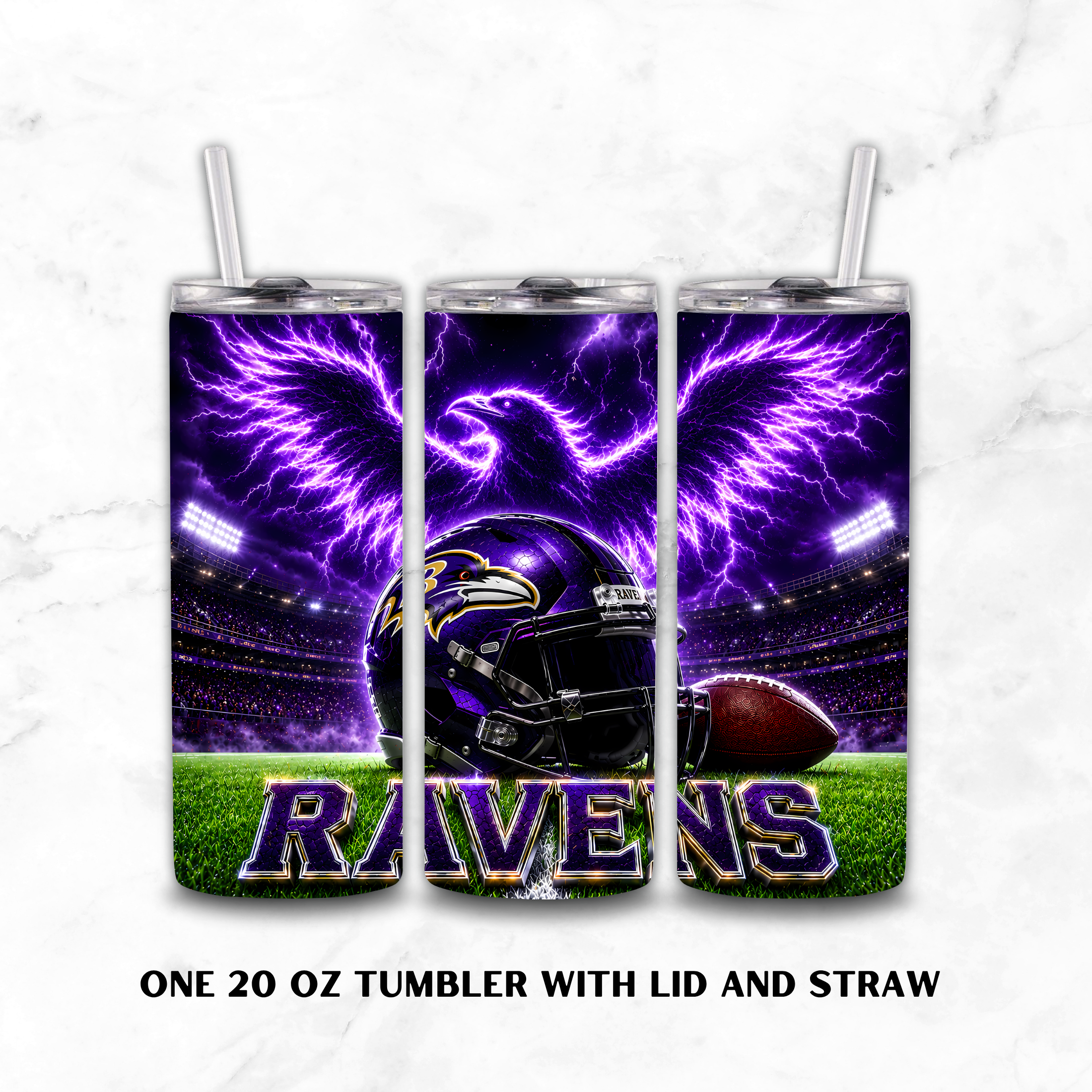 Three Baltimore Ravens 20oz tumblers on a white background. 
