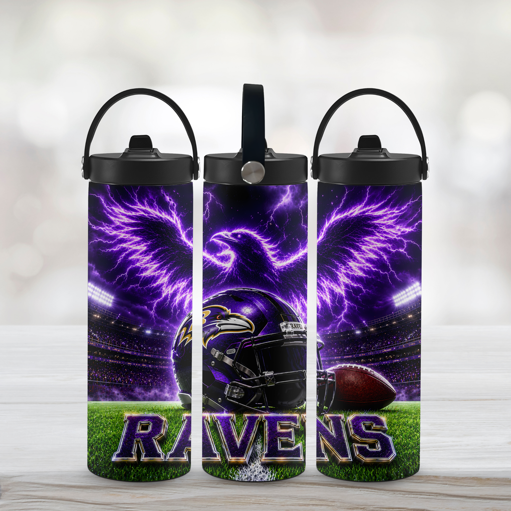 Three Baltimore Ravens Sports Water Bottles on a white background. 