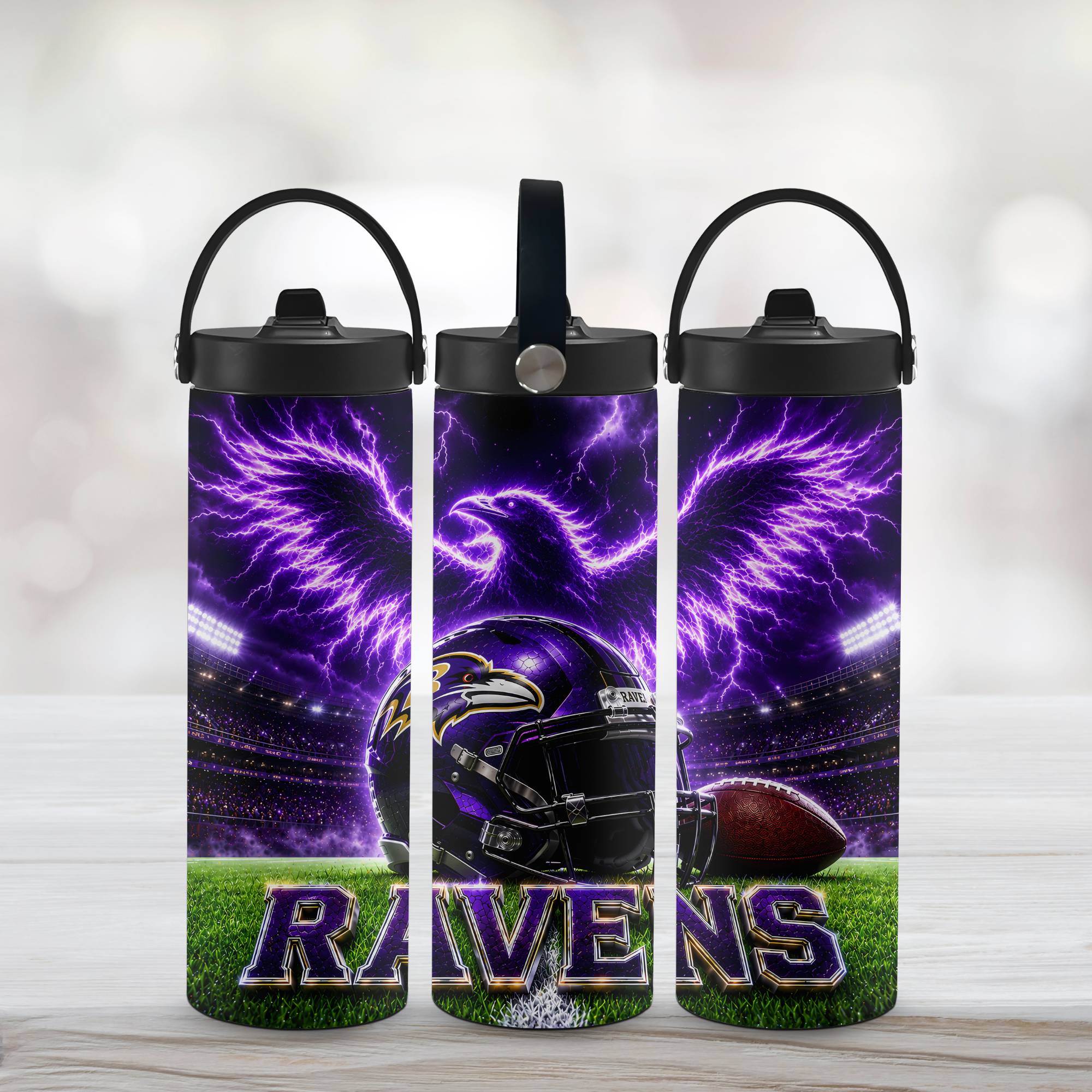 Three Baltimore Ravens Sports Water Bottles on a white background. 