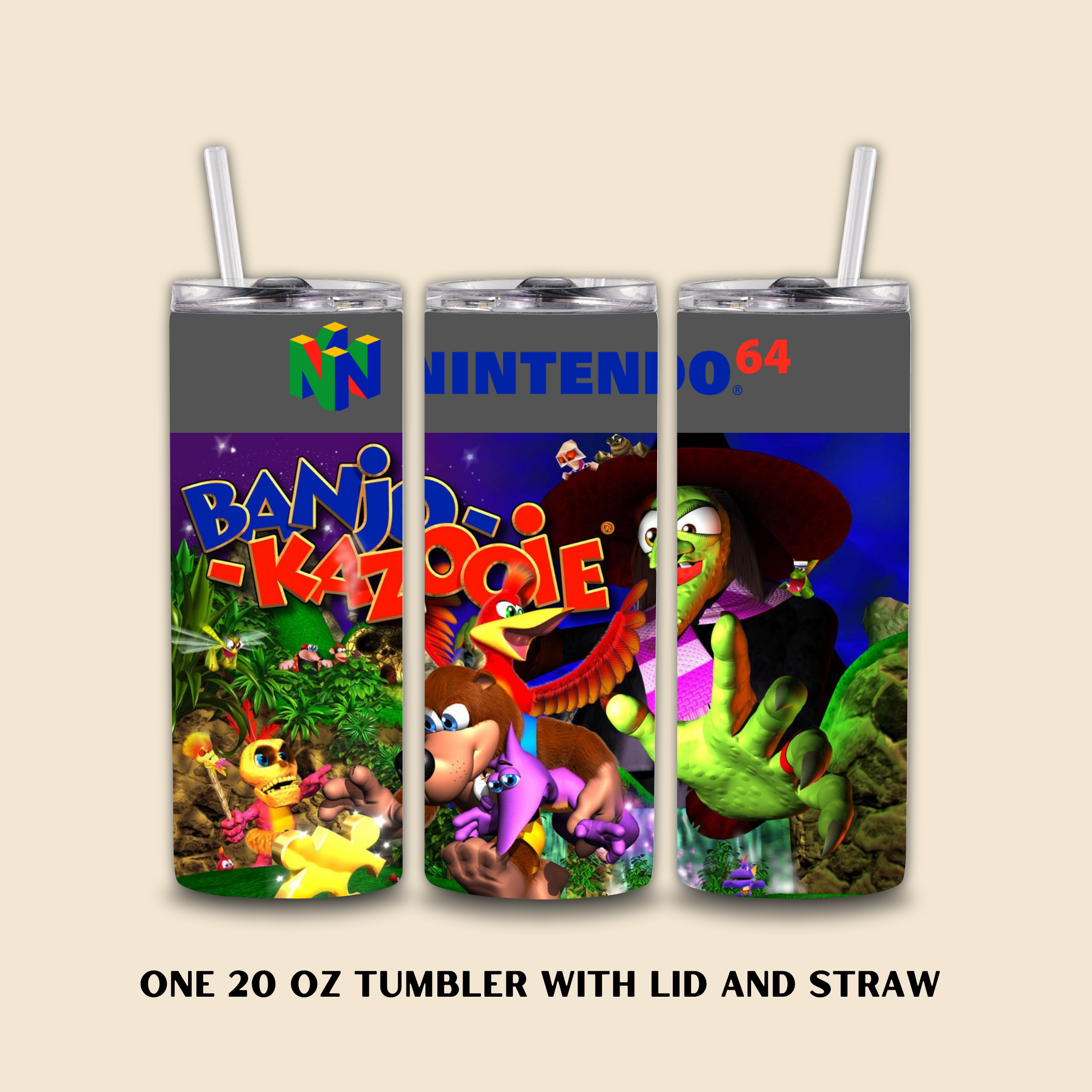 Three tumbler with lids and straws featuring 'Banjo-Kazooie' design on a beige background.