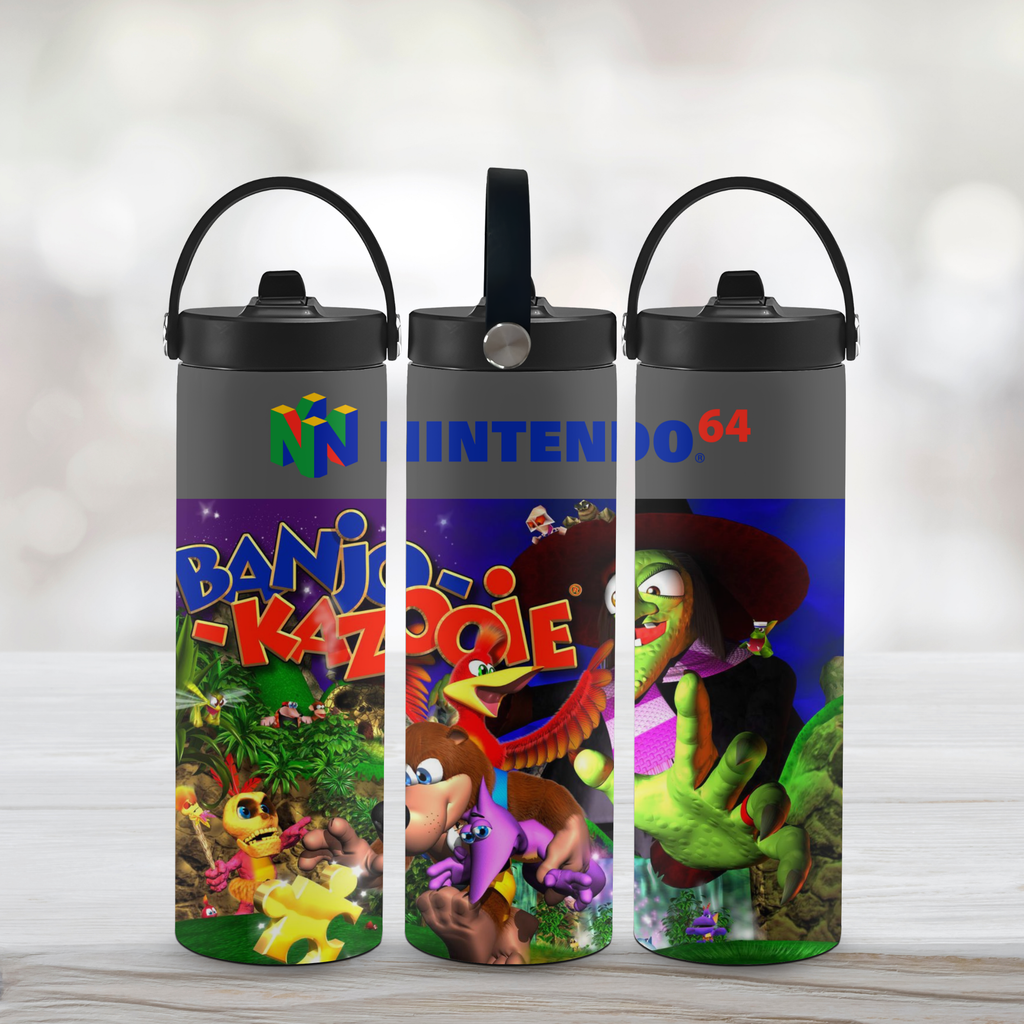 Three 'Banjo-Kazooie' branded sport water bottles with colorful graphics on a light background