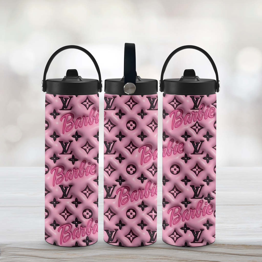 Three pink water bottles with black monogram pattern and 'Barbie' text on a light wooden surface.