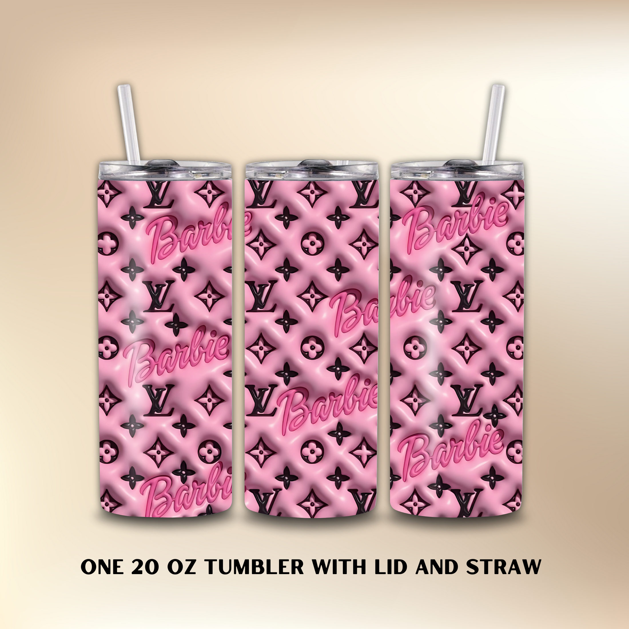 Three 20 oz tumblers with pink and black pattern and 'Barbie' text on a beige background.