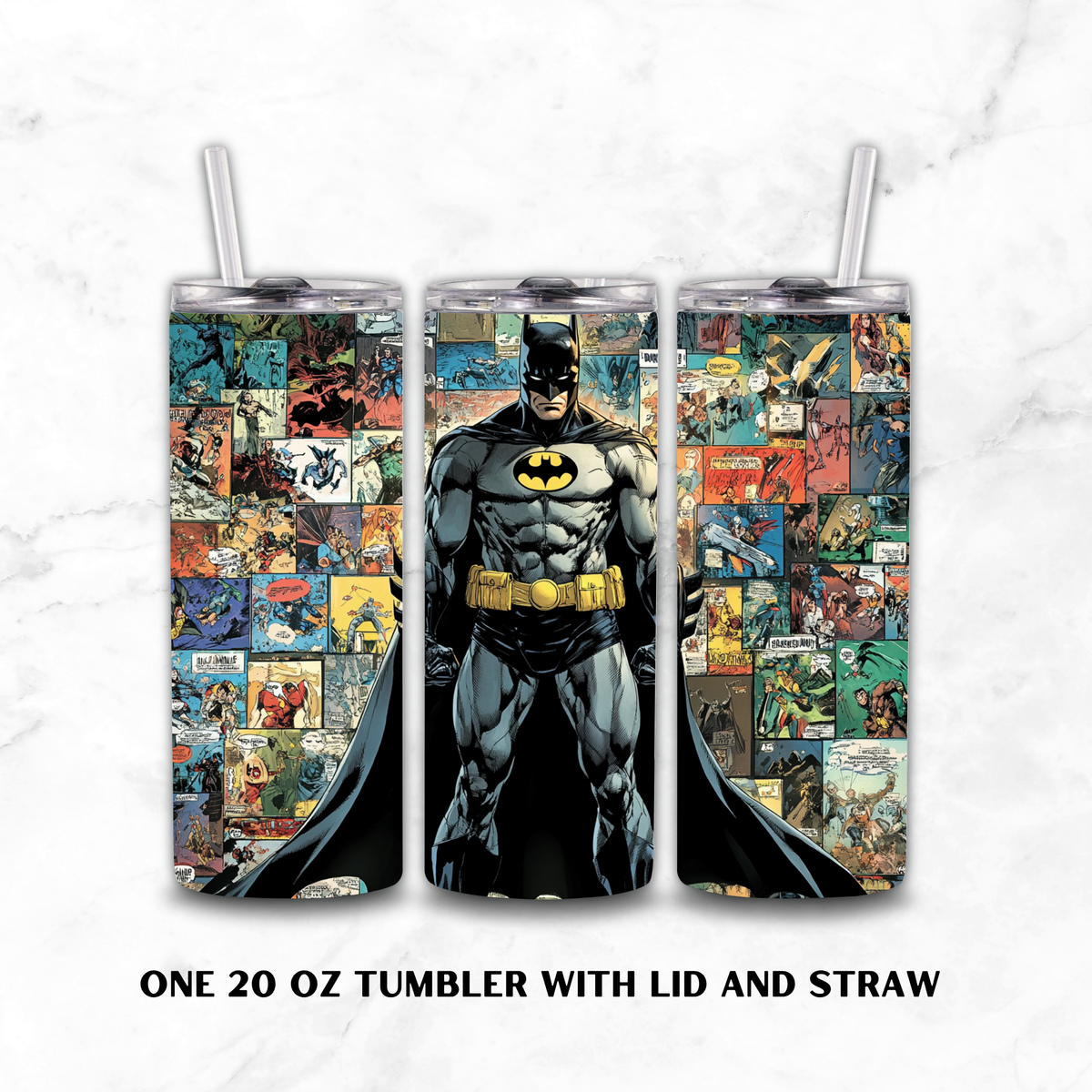 Three views of a 20 oz tumbler with lid and straw, featuring Batman artwork and comic book collage panels on a white marble background.