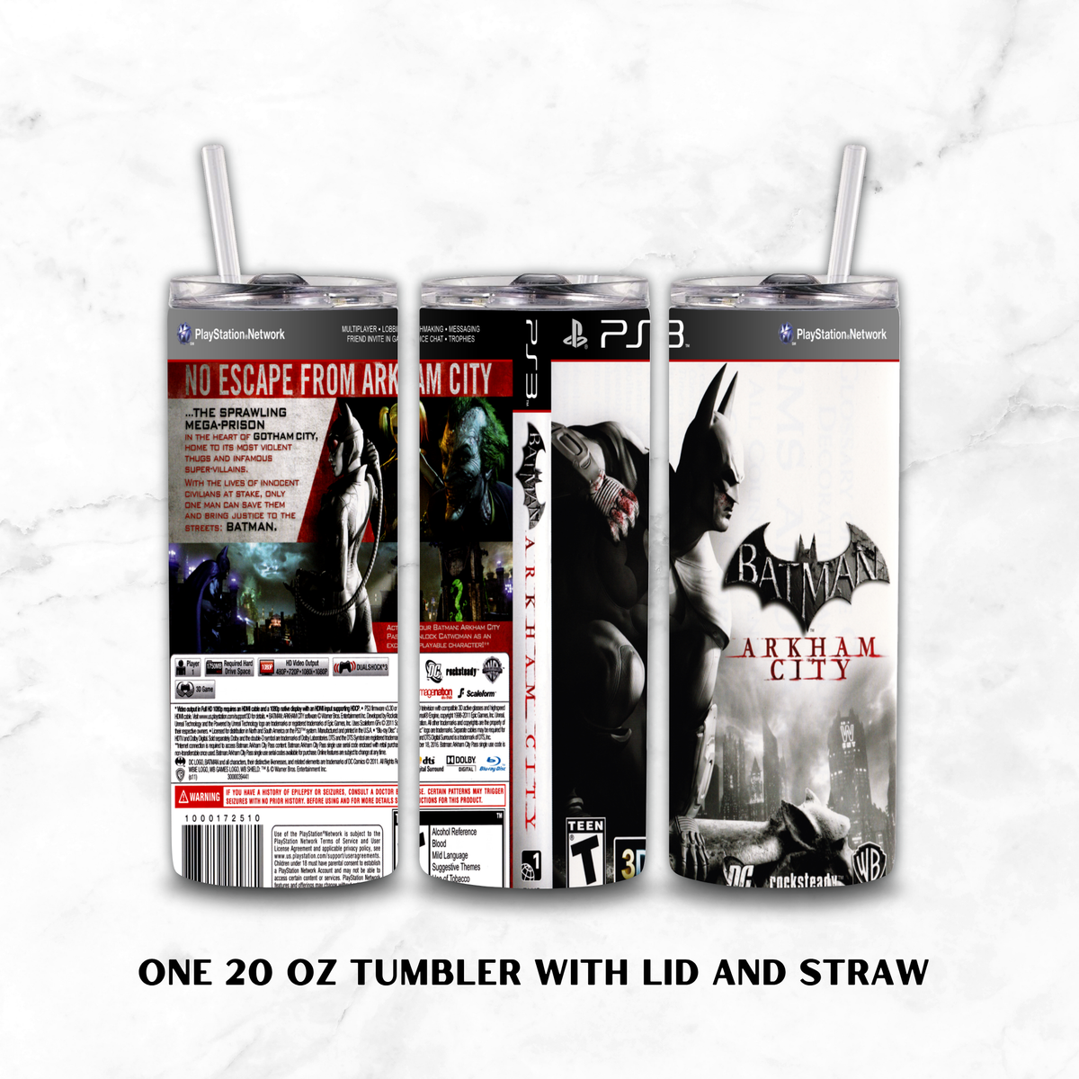 Three views of a 20 oz stainless steel tumbler with lid and straw, printed with Batman Arkham City artwork, shown on a white marble background. The left view shows the back, the center shows the side/spine, and the right shows the front.