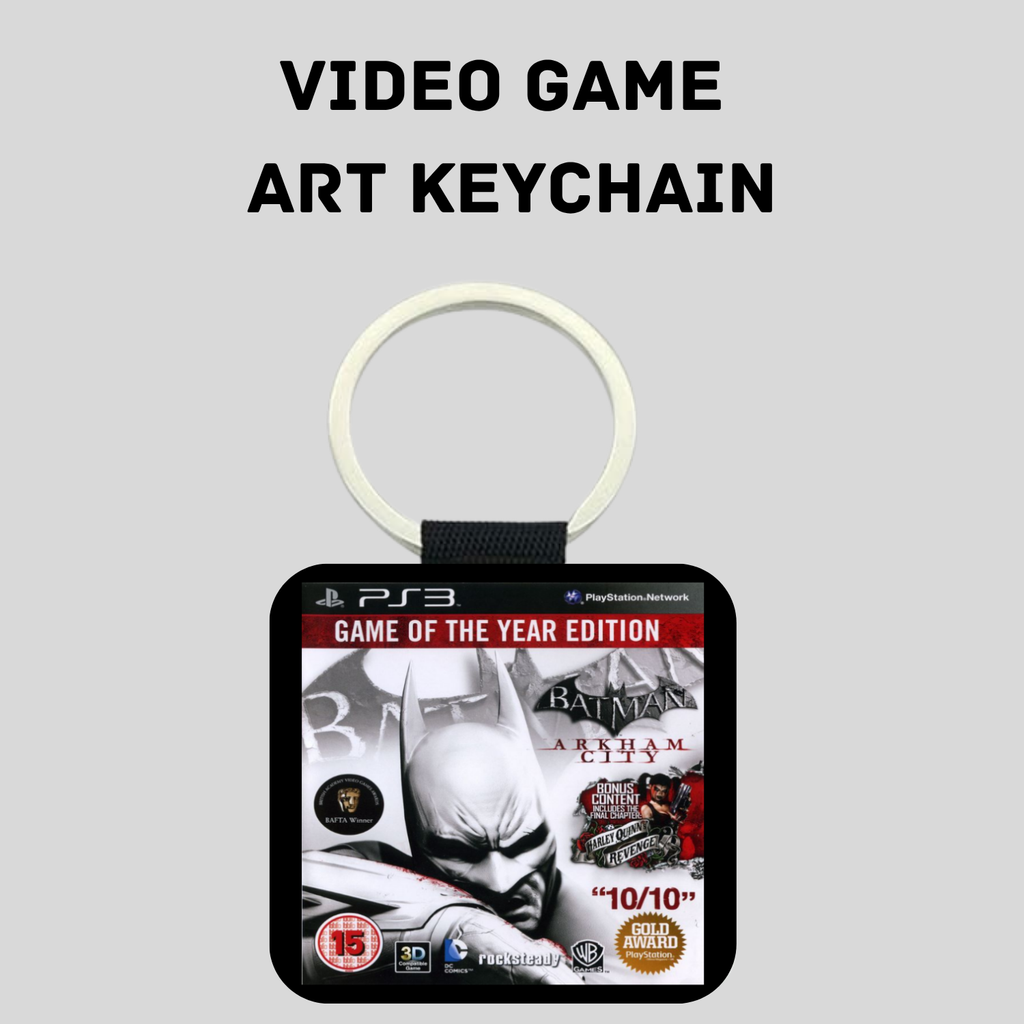 A front image of PS3 Batman Arkham City inspired PU keychain with a silver ring and grey colored background.