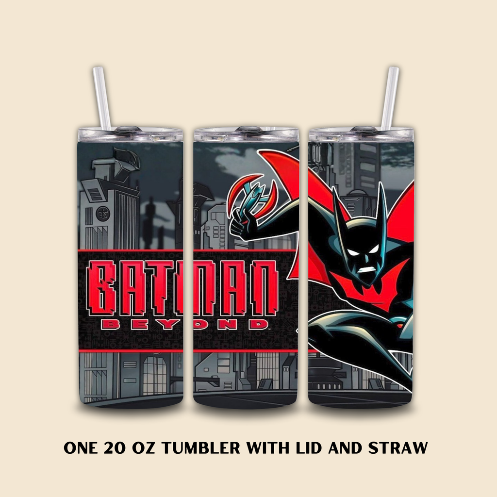 Batman Beyond tumbler with lid and straw on a beige background
