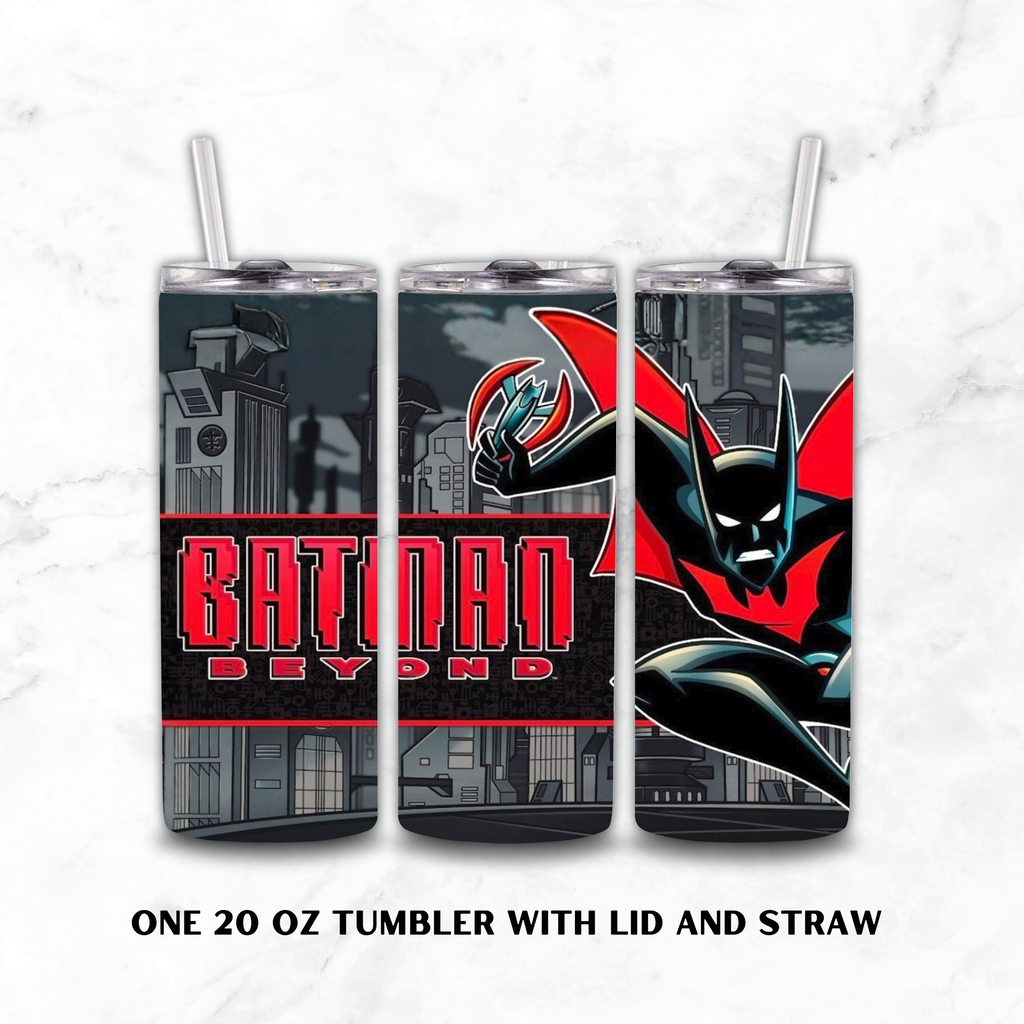 Three views of a 20 oz Batman Beyond insulated tumbler with lid and straw, shown on a light marble background. The tumblers feature a wraparound graphic design with Batman, the Batman logo, and the text 'BATMAN BEYOND'.