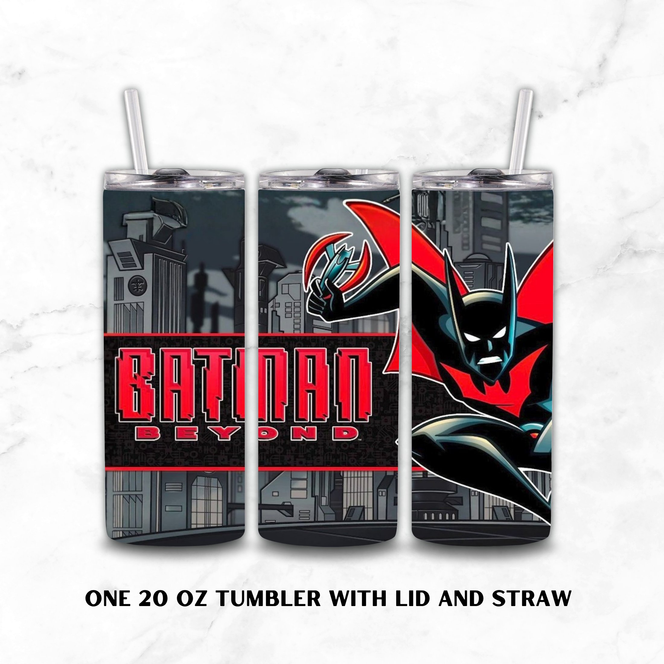 Three views of a 20 oz Batman Beyond insulated tumbler with lid and straw, shown on a light marble background. The tumblers feature a wraparound graphic design with Batman, the Batman logo, and the text 'BATMAN BEYOND'.