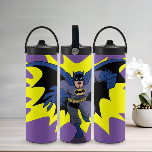 Three Batman-themed sports water bottles with a gray background and a plant on the side.