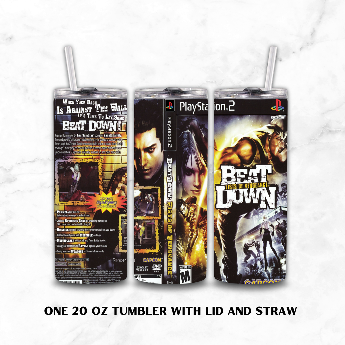 Three views of a 20 oz tumbler with lid and straw, printed with PlayStation 2's 'Beat Down Fist of Vengeance' game cover, shown on a white marble background with text below.