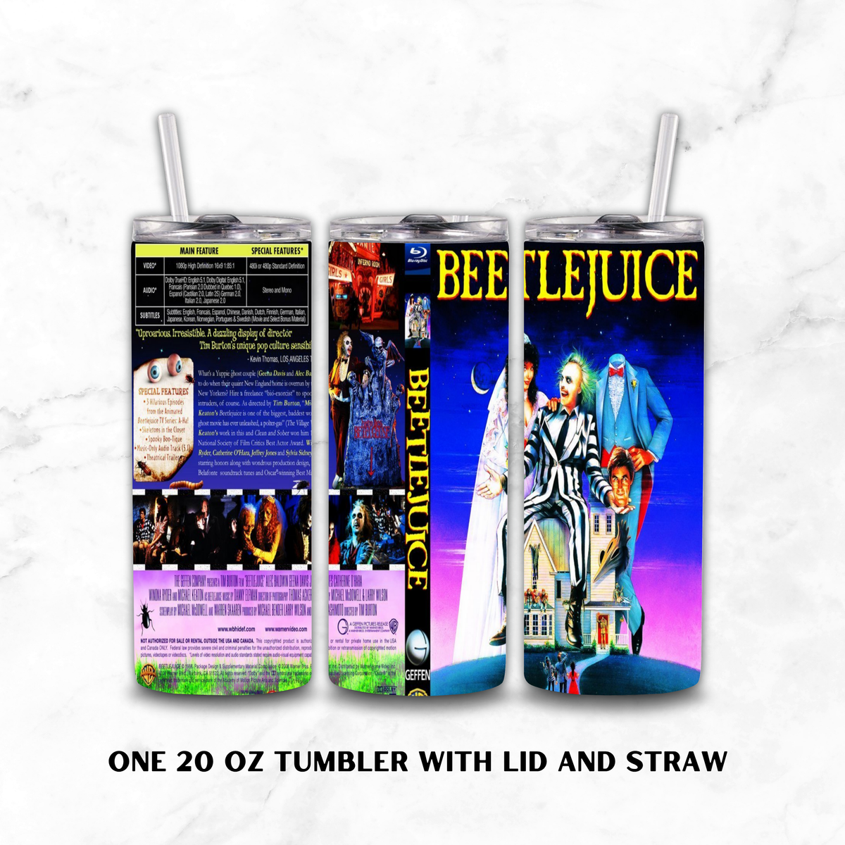 Three views of a 20 oz tumbler with lid and straw, featuring Beetlejuice movie artwork on a white marble background. The left view shows the back with text panels, the center shows the front cover art, and the right shows the side wrap.