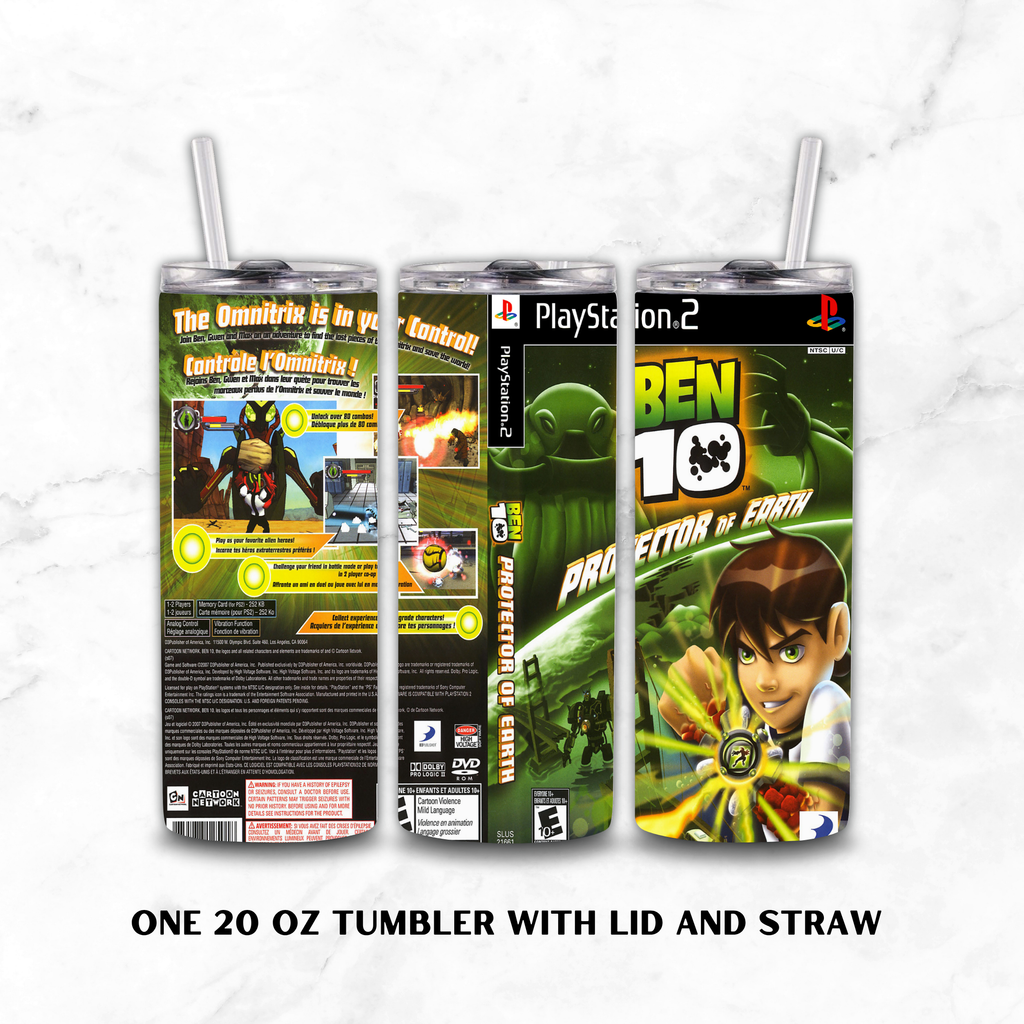 Three views of a 20 oz skinny tumbler with lid and straw, wrapped in a Ben 10 Protector of Earth PlayStation 2 themed skin, displayed on a white marble background with text reading 'ONE 20 OZ TUMBLER WITH LID AND STRAW'.