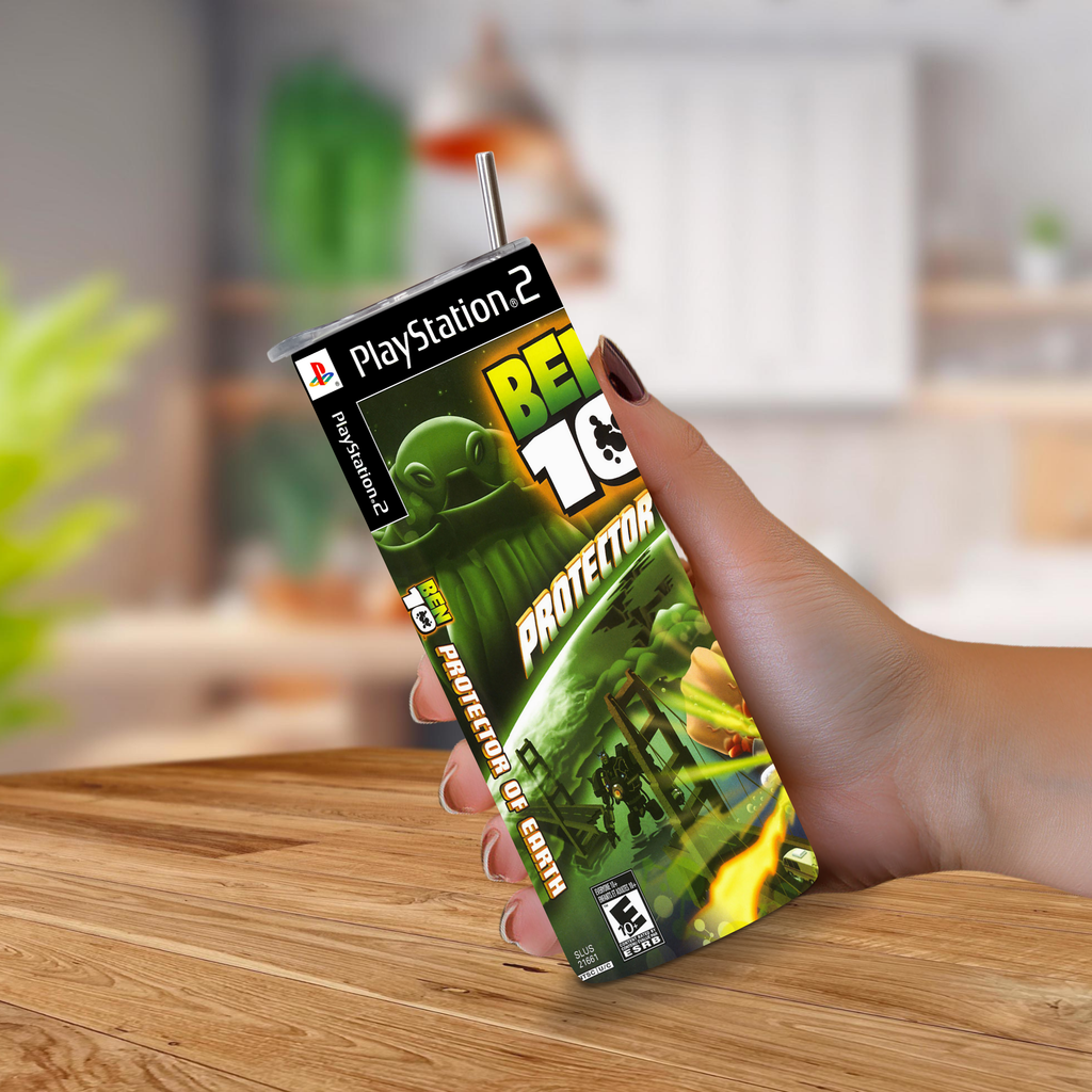 A hand holding a PlayStation 2 game case designed to look like a 20oz stainless steel tumbler, featuring the title 'Ben 10 Protector of Earth' set against a blurred kitchen background.