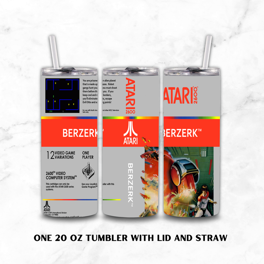 Three views of a 20 oz insulated tumbler with lid and straw, printed with retro Atari 2600 game art for Berzerk. The tumbler design features gray, orange-red, black, and multicolor retro graphics on a white marble background.