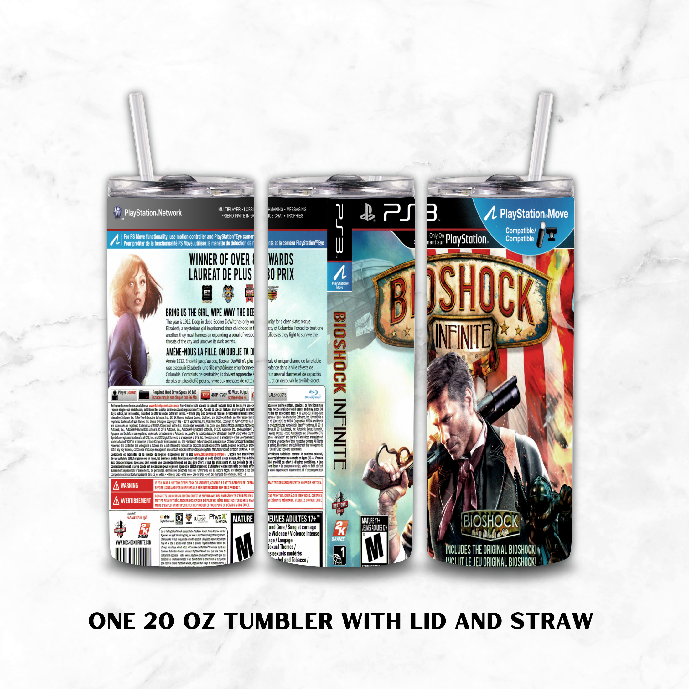 Three Viewed Tumblers of PS3 Theme with a featuring Bioshock Infinite game cover. On a white marble Background.