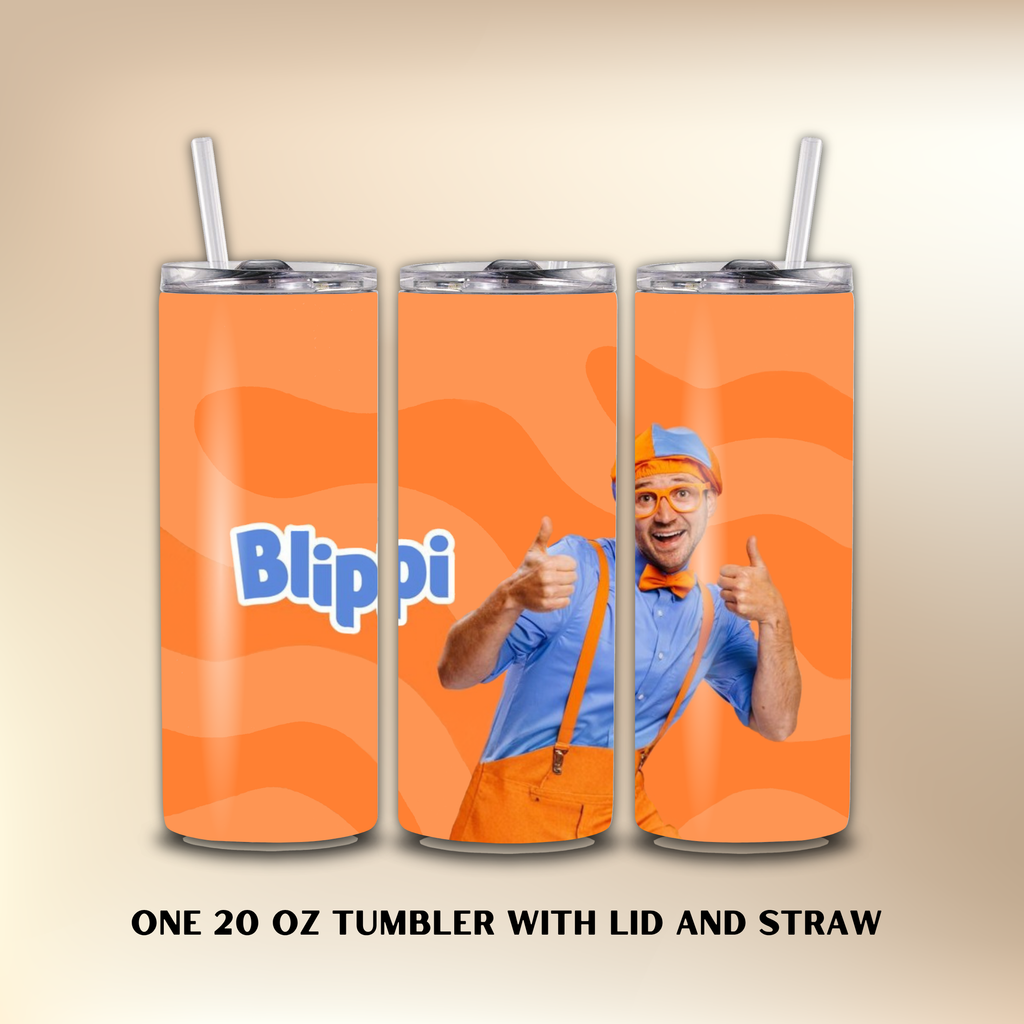 Three orange Blippi tumblers with a character on a beige background.