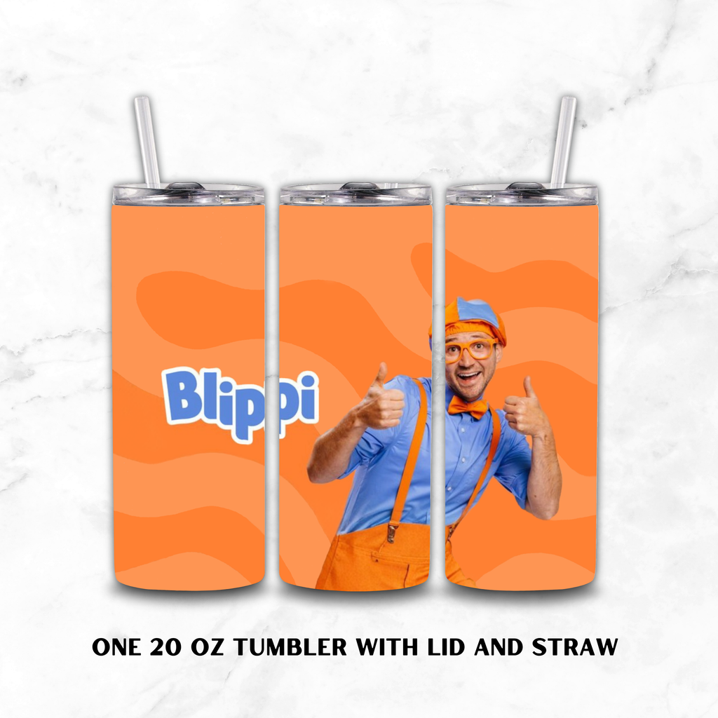 Three views of a 20 oz stainless steel tumbler with lid and straw, featuring an orange wavy background and a printed photo of Blippi giving a thumbs-up, on a white marble background.