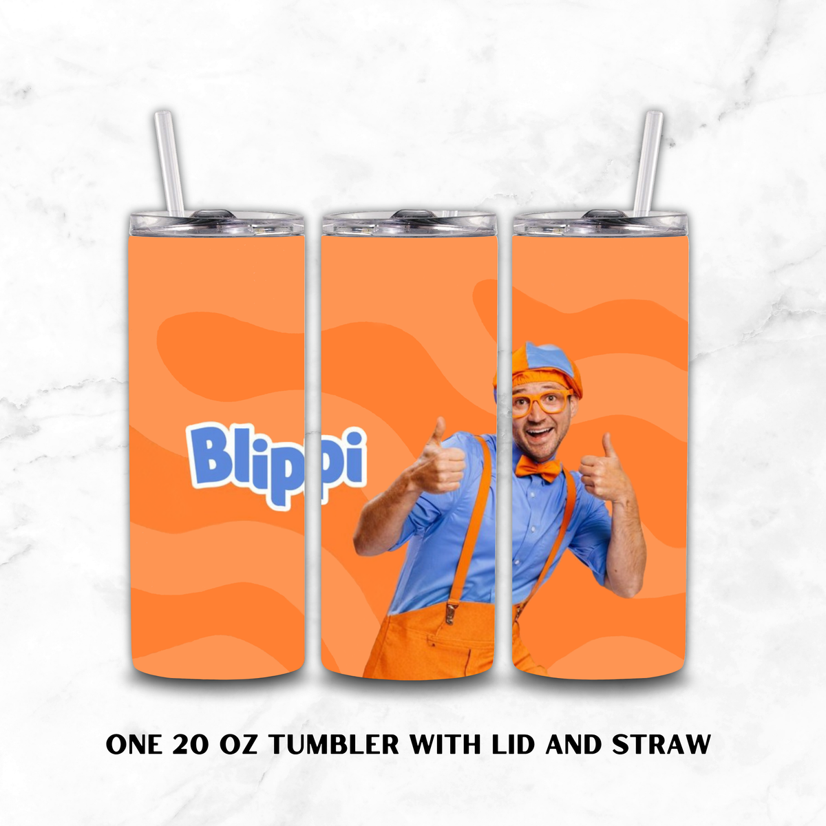 Three views of a 20 oz stainless steel tumbler with lid and straw, featuring an orange wavy background and a printed photo of Blippi giving a thumbs-up, on a white marble background.