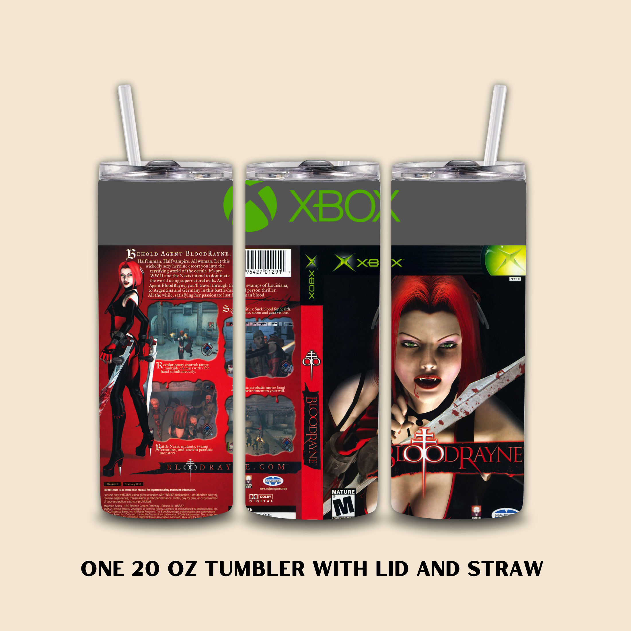 Tumbler with lid and straw featuring a video game Blood Rayne design on a beige background