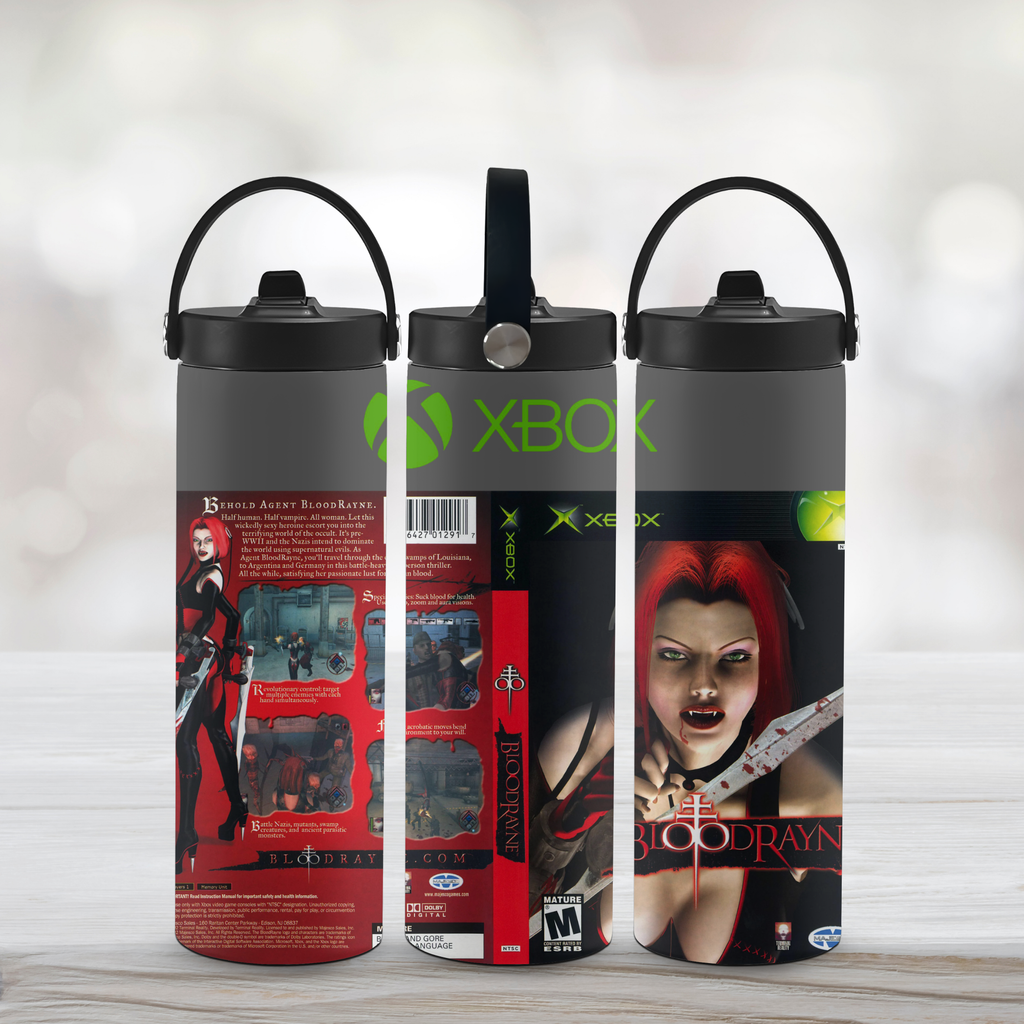 Three tumbler designs featuring a character from a video game Blood Rayne on a light wooden surface.