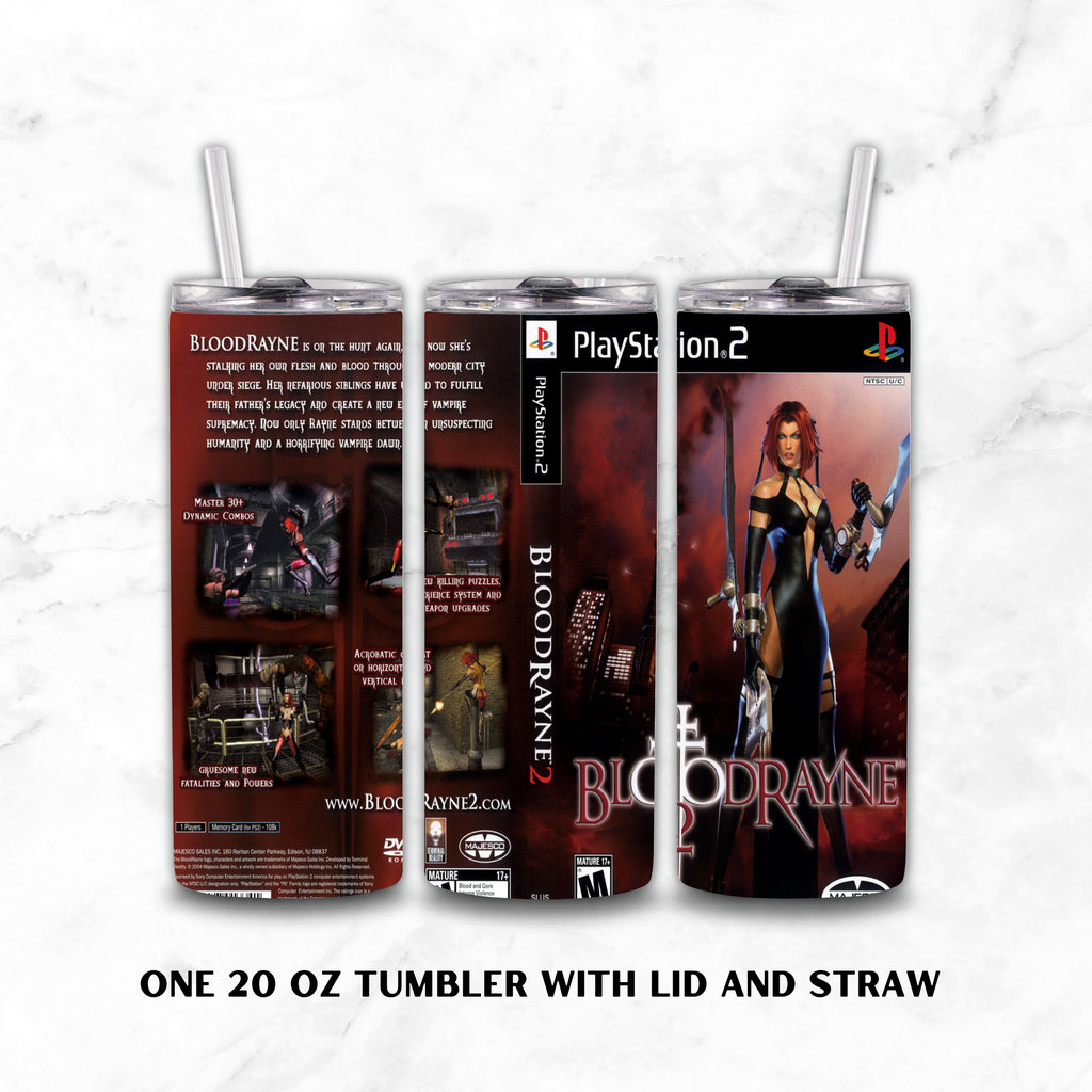 Three views of a 20 oz insulated tumbler with lid and straw, printed with BloodRayne 2 from PlayStation 2. The tumbler is shown from the back, side, and front, featuring the character artwork and PlayStation branding, on a white marble background.