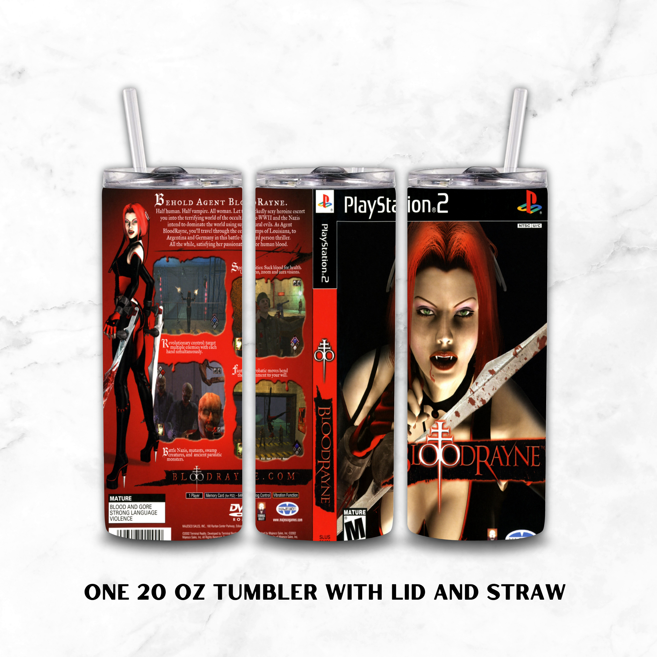 Three views of a 20 oz tumbler with lid and straw, featuring a Bloodrayne video game cover design on a white marble background. PlayStation 2 branding visible.