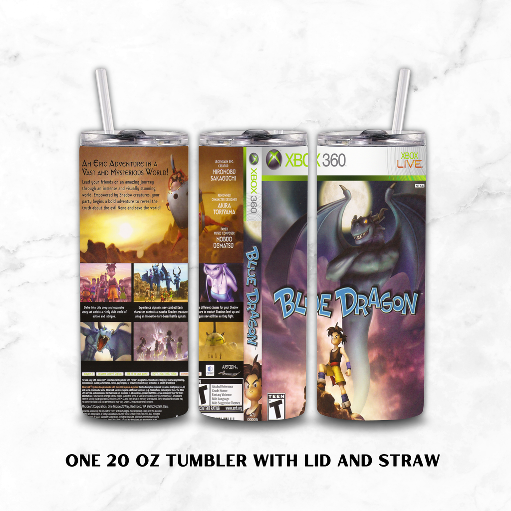 Three views of a 20 oz insulated tumbler with lid and straw, featuring a custom Xbox 360 'Blue Dragon' video game cover design. The tumbler wrap shows the back, spine, and front designs with the game's artwork and text.
