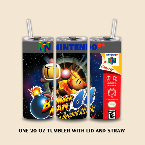 Three tumbler designs inspired by Nintendo 64 game Bomber Man on a beige background
