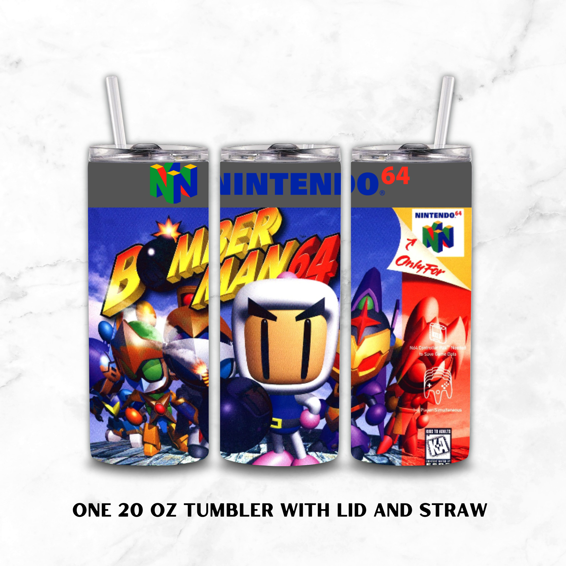 Three 20 oz tumblers with lids and straws shown side by side, featuring colorful Nintendo 64 themed graphics including the text BOMBERMAN and Nintendo 64 branding, on a light marble background.