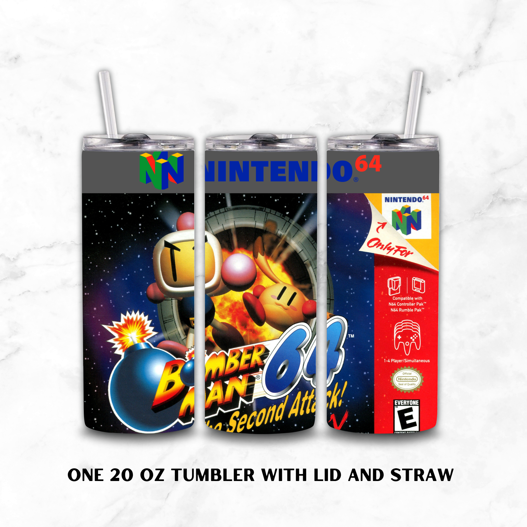 Three views of a 20 oz stainless steel tumbler with lid and straw, featuring a colorful Nintendo 64 themed wrap design with Bomberman The Second Attack 64 artwork on a white marble background.