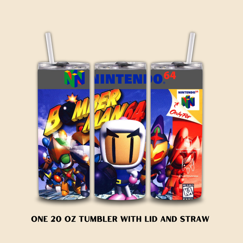Three tumbler designs inspired by bomberman games on a beige background