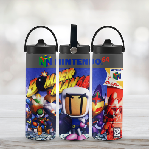 Three sports water bottles with bomberman-themed designs on a wooden surface.