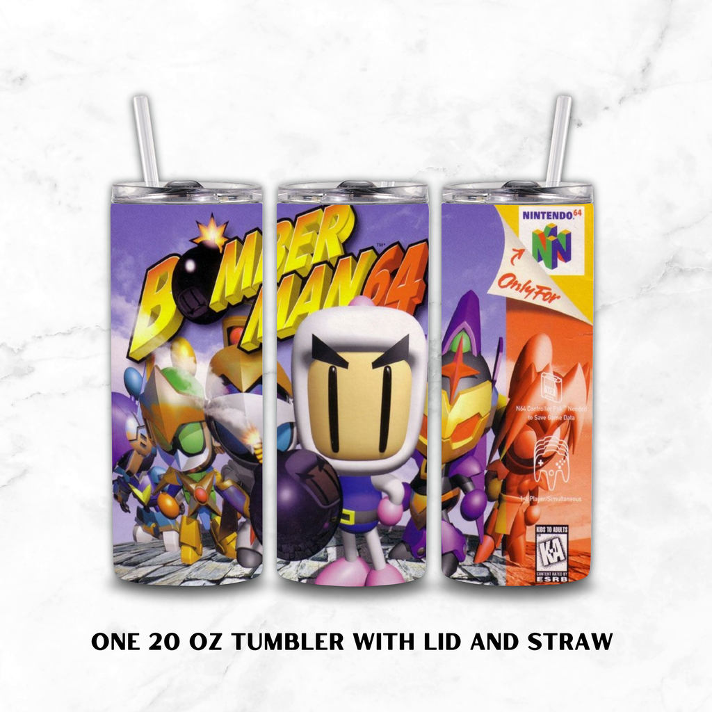 Three views of a 20 oz tumbler with lid and straw, featuring Bomberman 64 artwork on a purple, yellow, and orange design.