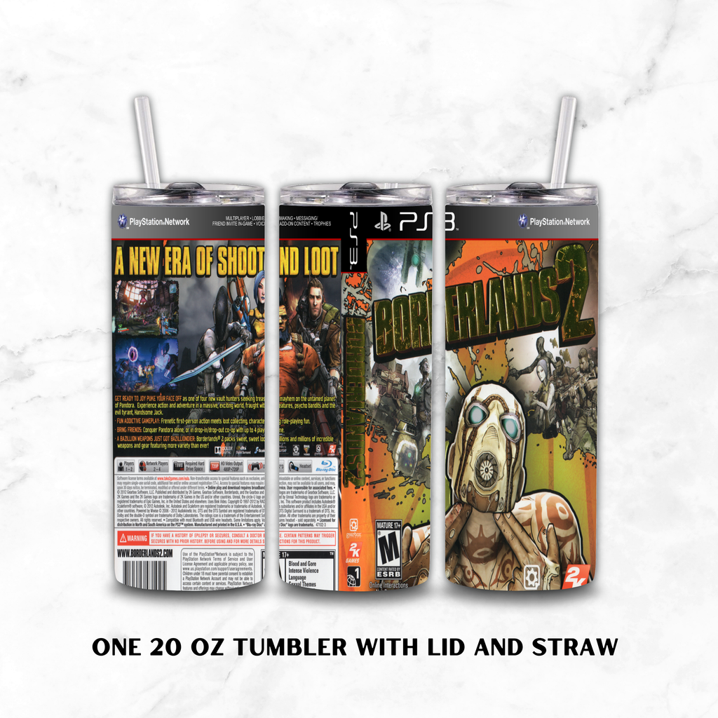 Three views of a 20 oz tumbler with lid and straw, featuring a custom printed Borderlands 2 game sleeve design, displayed on a white marble background with text at the bottom.