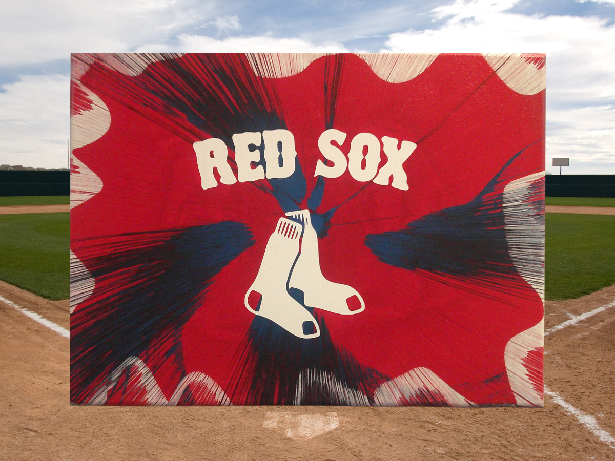 Boston Red Sox Spin Art canvas wall art with a baseball field in the background