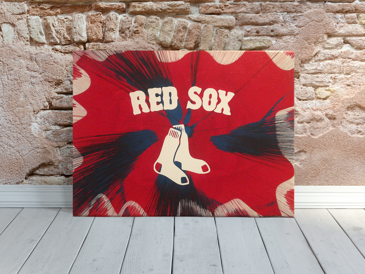 Boston Red Sox Spin Art canvas wall art against a brick wall.