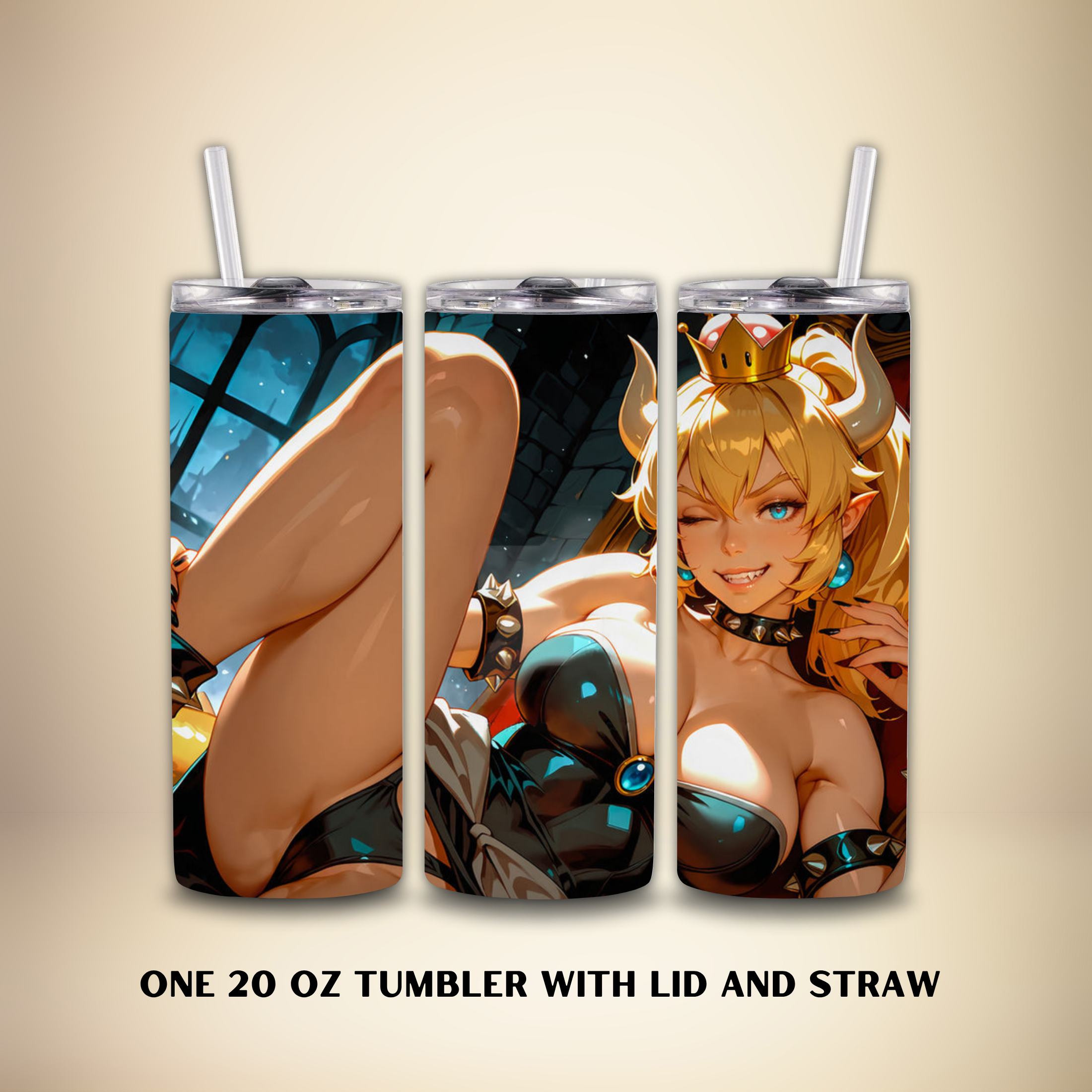 Three Tumblers with Bowsette villain character design on a beige background