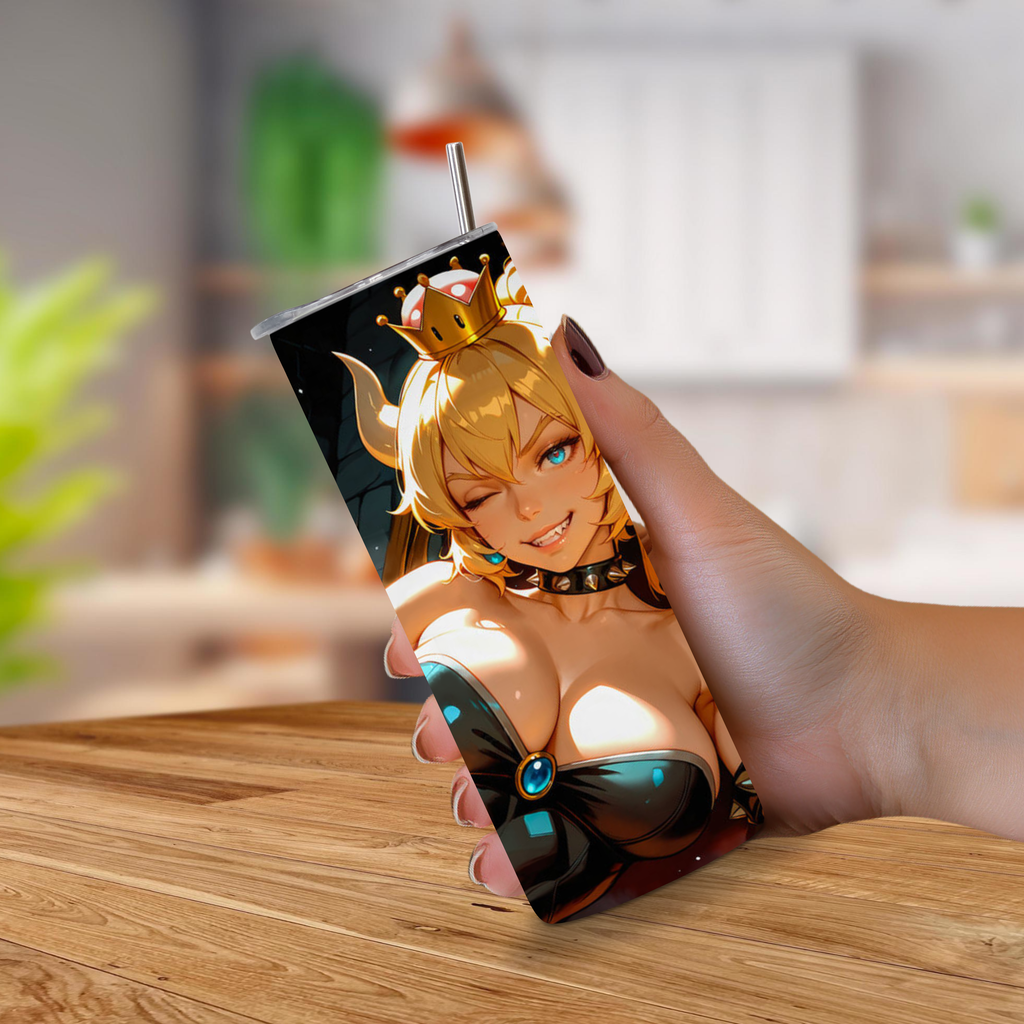 20oz Tumbler with Bowsette character design held by a hand on a wooden surface