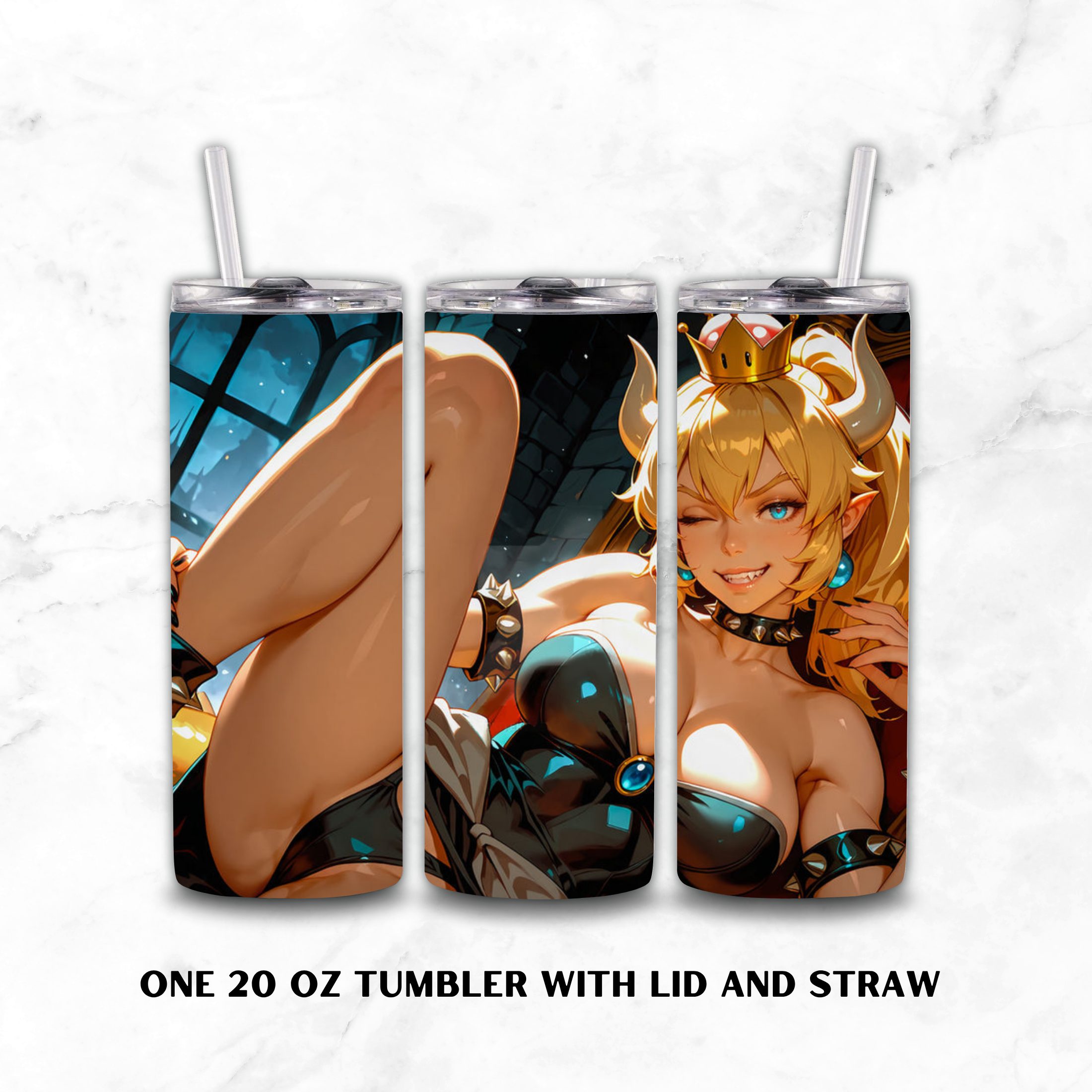 Three views of a 20 oz tumbler with lid and straw, featuring a printed anime-style illustration of a blonde female character Bowsette. The tumbler is shown on a white marble background with text at the bottom reading 'ONE 20 OZ TUMBLER WITH LID AND STRAW'.