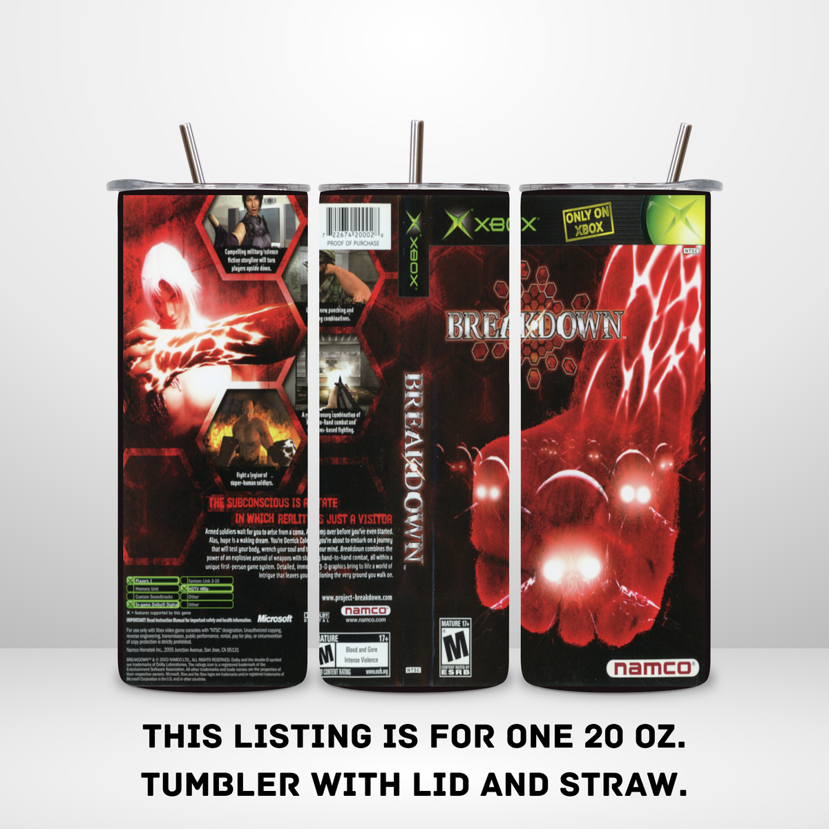 Three views of a 20 oz tumbler with lid and straw, featuring a red and black Xbox Breakdown design, shown on a light gray background with text stating the listing is for one tumbler.