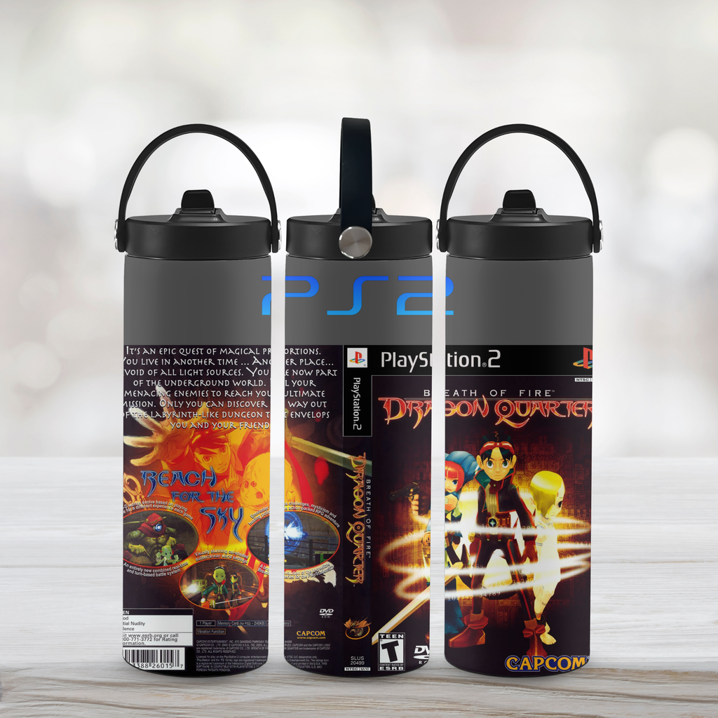 Three sports water bottles with breath of fire-themed labels on a light wooden surface.