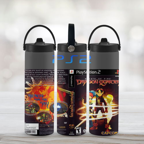 Three sports water bottles with breath of fire-themed labels on a light wooden surface.